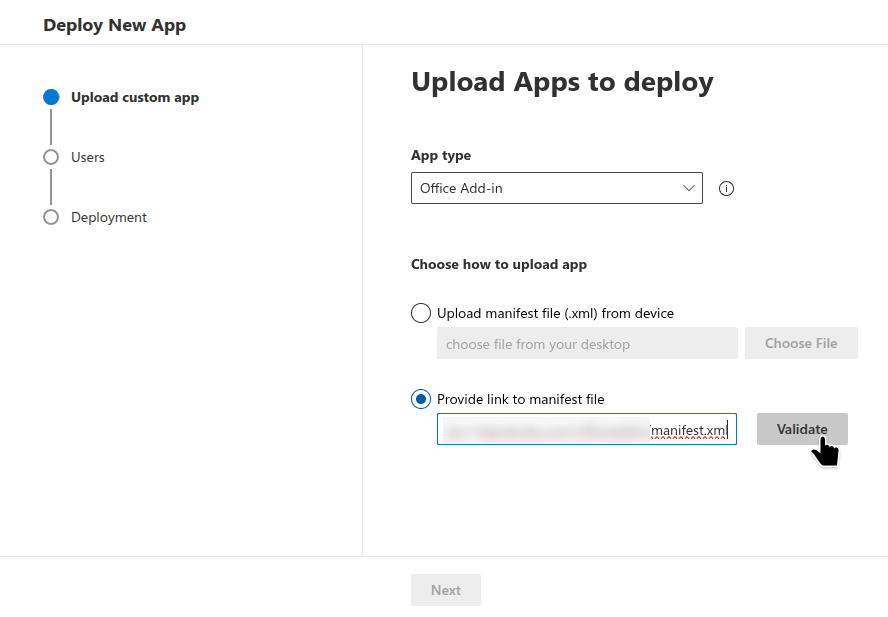 Step 4 - Provide link to manifest file and validate