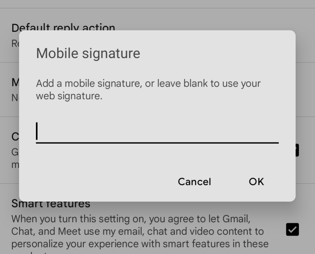 Gmail settings for mobile signature - message says ‘Add a mobile signature, or leave blank to user your web signature.’