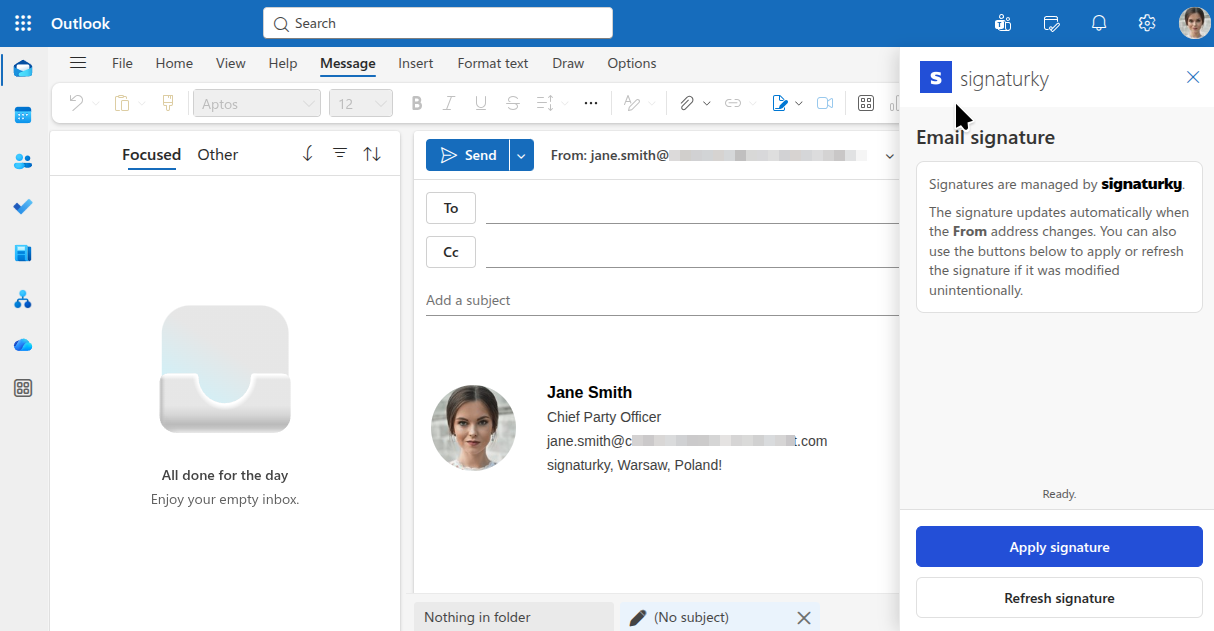 Outlook add-in task pane with Apply signature and Refresh signature buttons