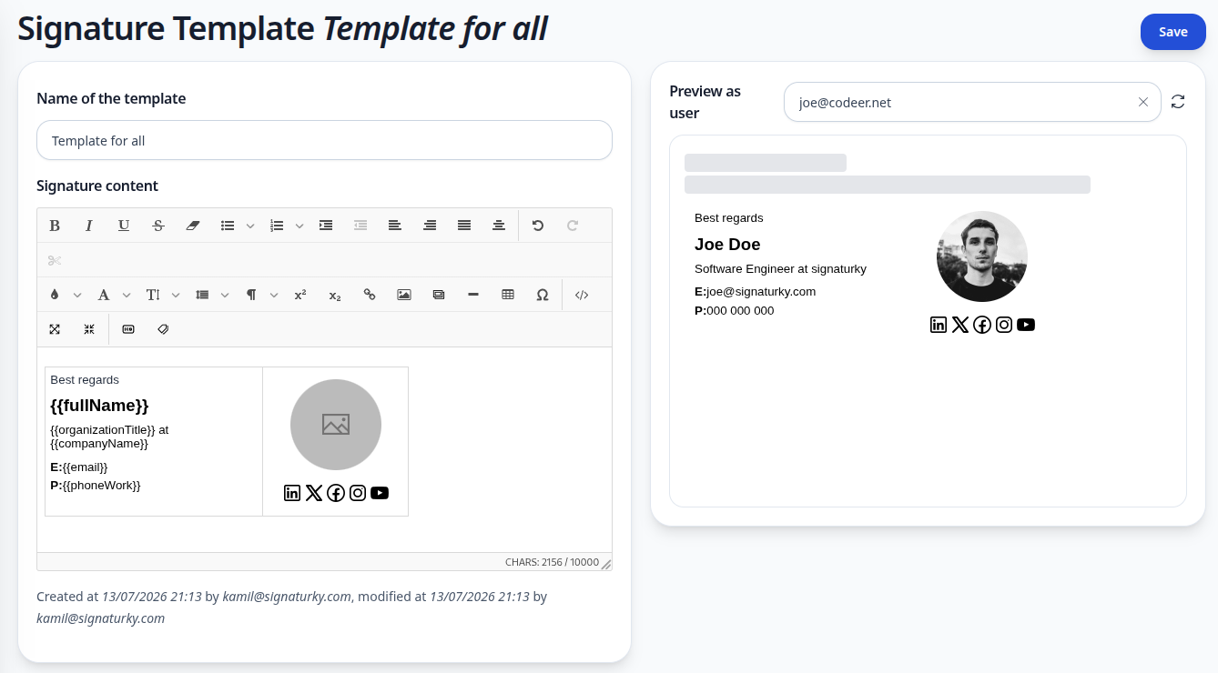 Email signature editor with template and live preview for a specific user in the domain