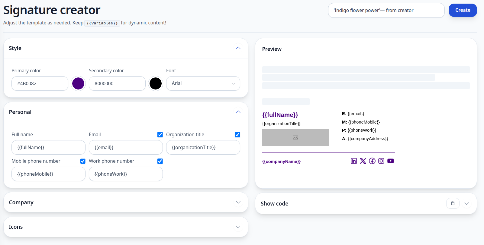 Custom signature editor showing layout settings, colors, fonts, and input fields