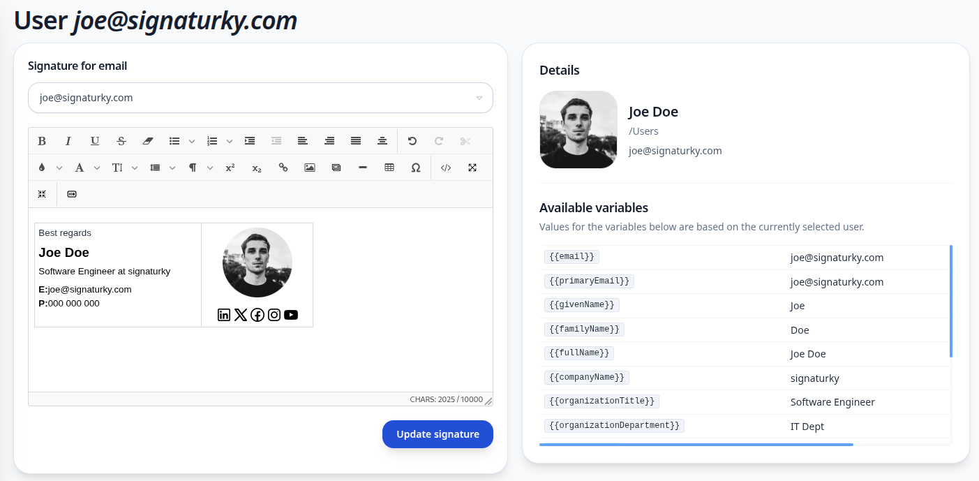 Email signature editor with live preview for a specific user in the domain